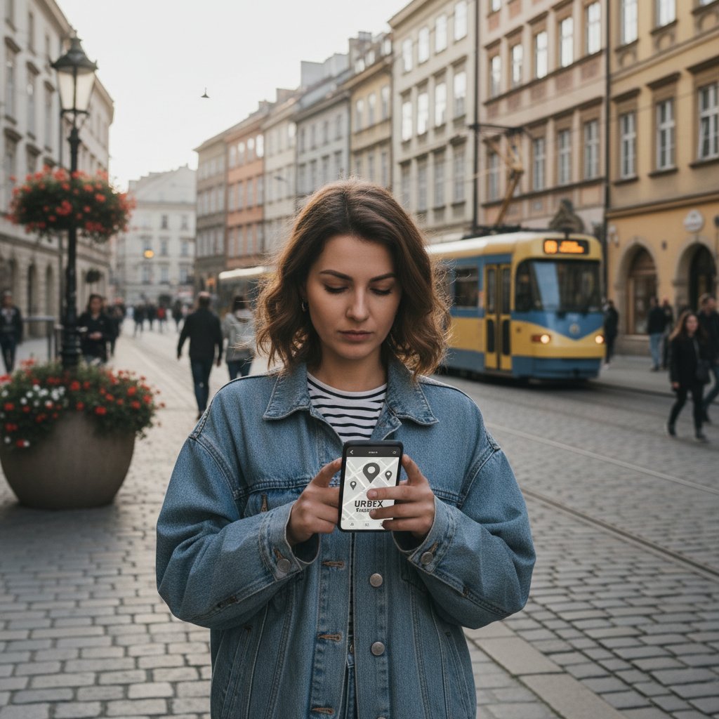 Młoda kobieta korzysta z aplikacji mobilnej na ulicy w polskim mieście