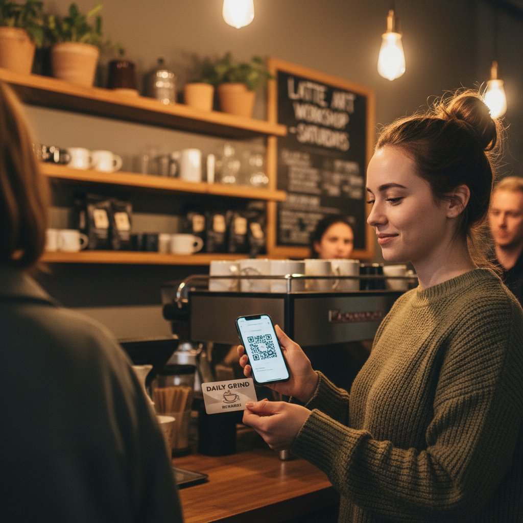 Młoda kobieta trzymająca telefon i ignorująca plastikową kartę lojalnościową, ilustracja zmiany trendów lojalnościowych w Polsce