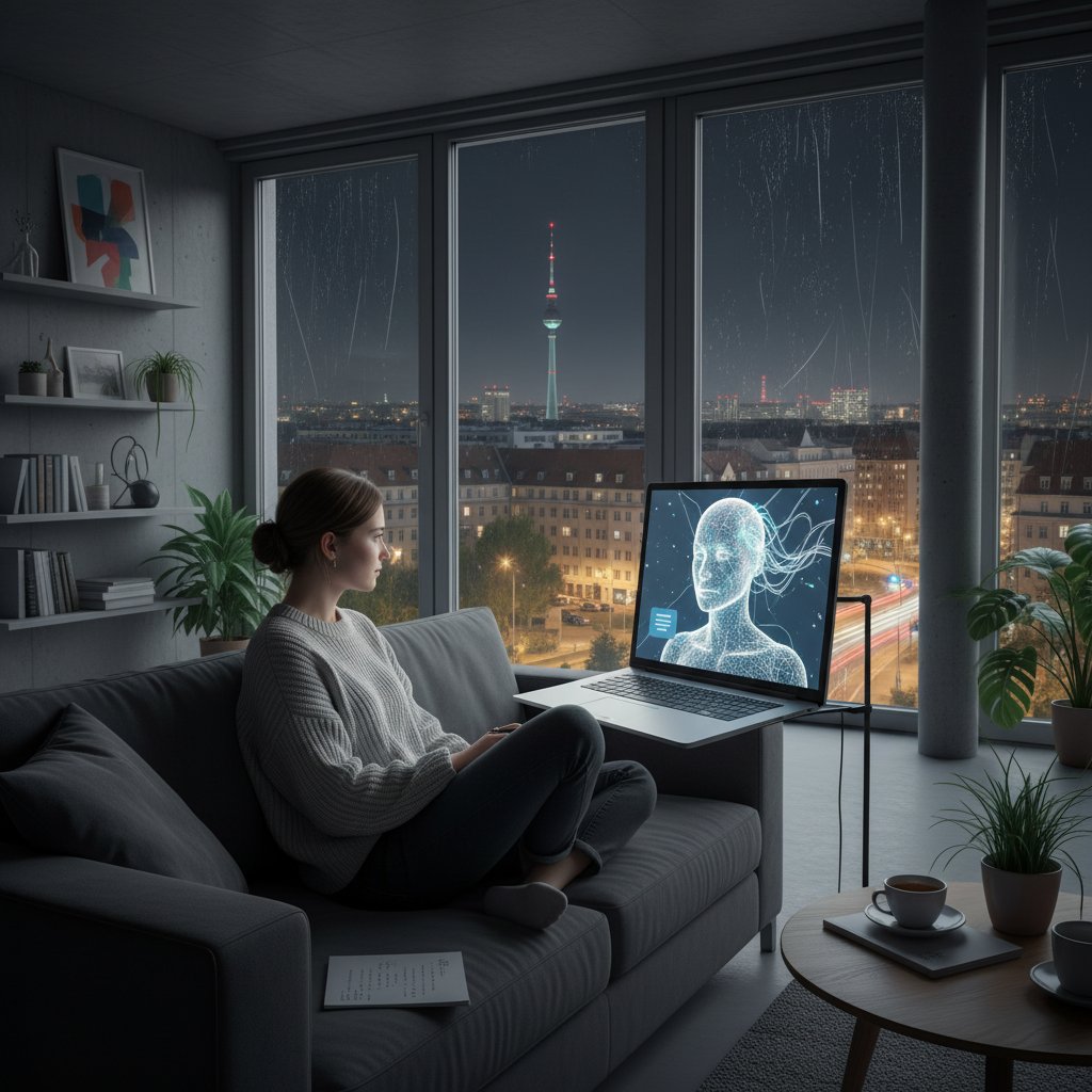 Frau sitzt abends allein in ihrem modernen Berliner Apartment, Laptop leuchtet, KI-Avatar projiziert neben ihr, digitale Gesellschaft Alltag