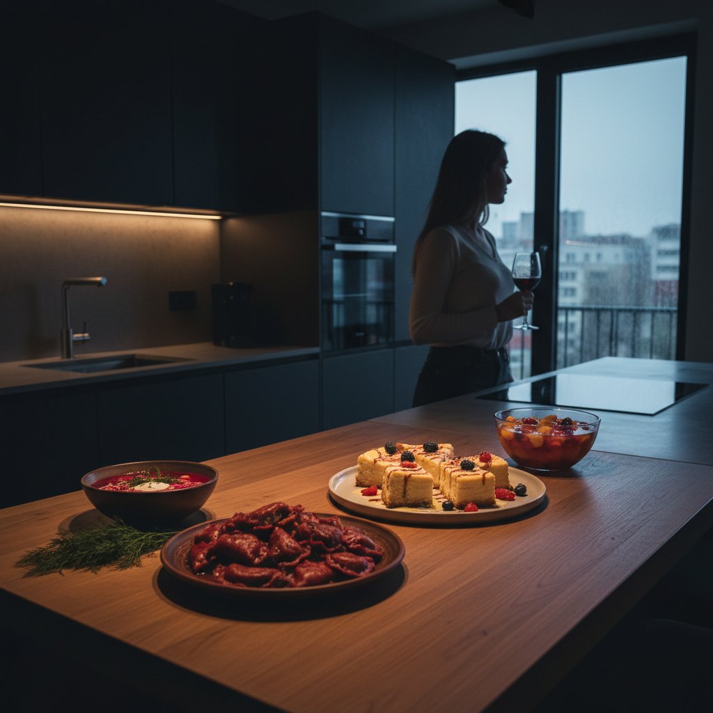 Kobieta w polskiej kuchni z mieszanymi produktami: warzywa, pieczywo, suplementy, telefon z planem AI – codzienność Hashimoto