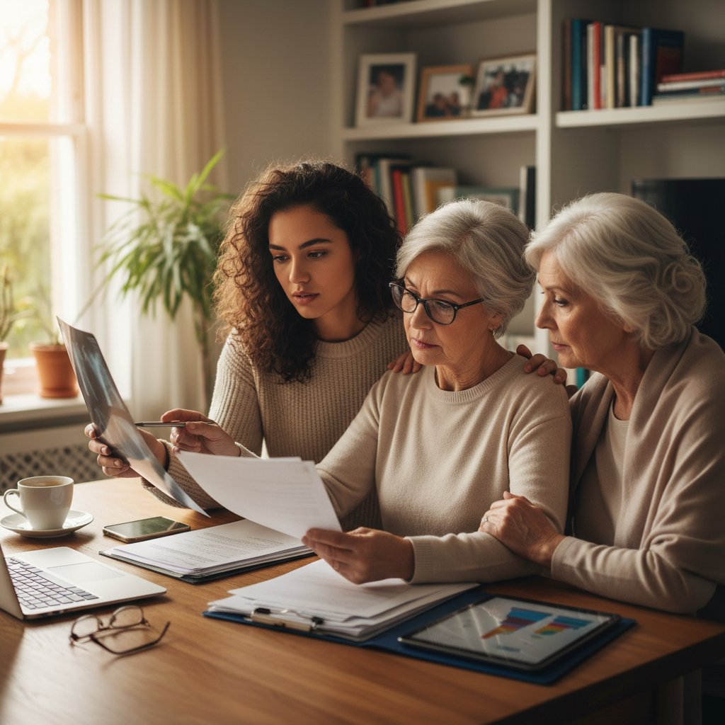 Trzy osoby: młoda kobieta, matka i senior analizują wyniki badań online, każde na innym urządzeniu, domowa atmosfera