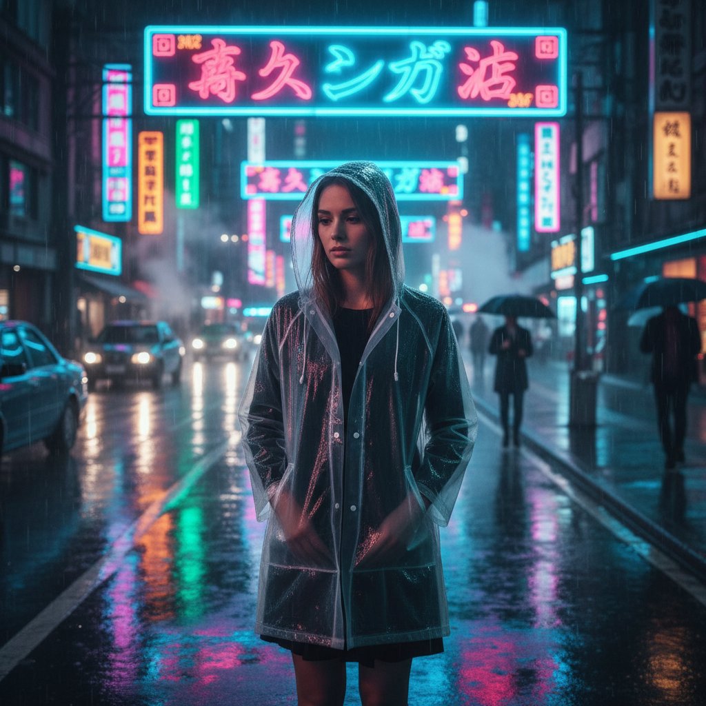 Junge Frau sitzt allein vor ihrem Smartphone, von kaltem Neonlicht beleuchtet, umgeben von urbanen Schatten – Sinnbild für digitale Isolation