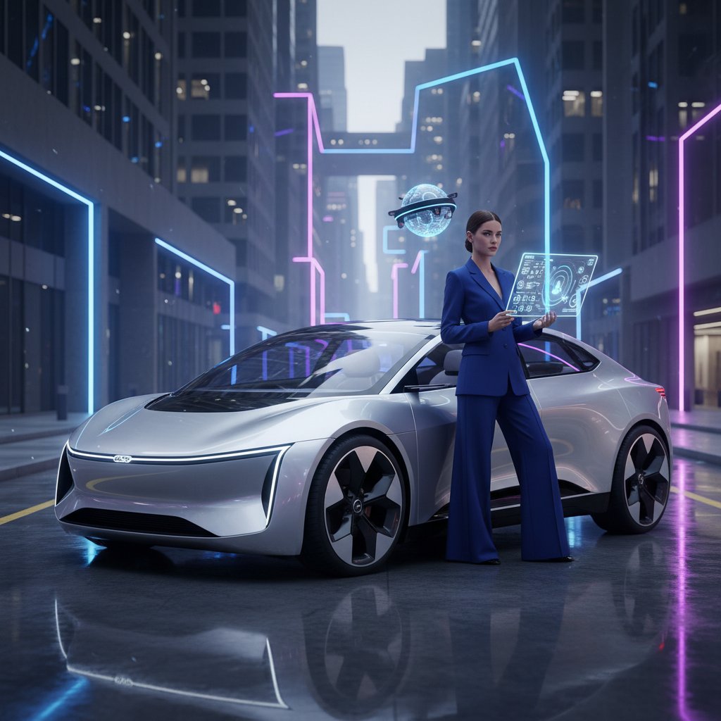 Triumphant young woman celebrating new car purchase with help of AI car assistant, urban street, editorial style