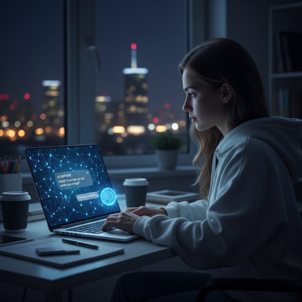 Młoda kobieta siedząca w świetle laptopa w ciemnym pokoju, symbol wsparcia AI w samotnych chwilach