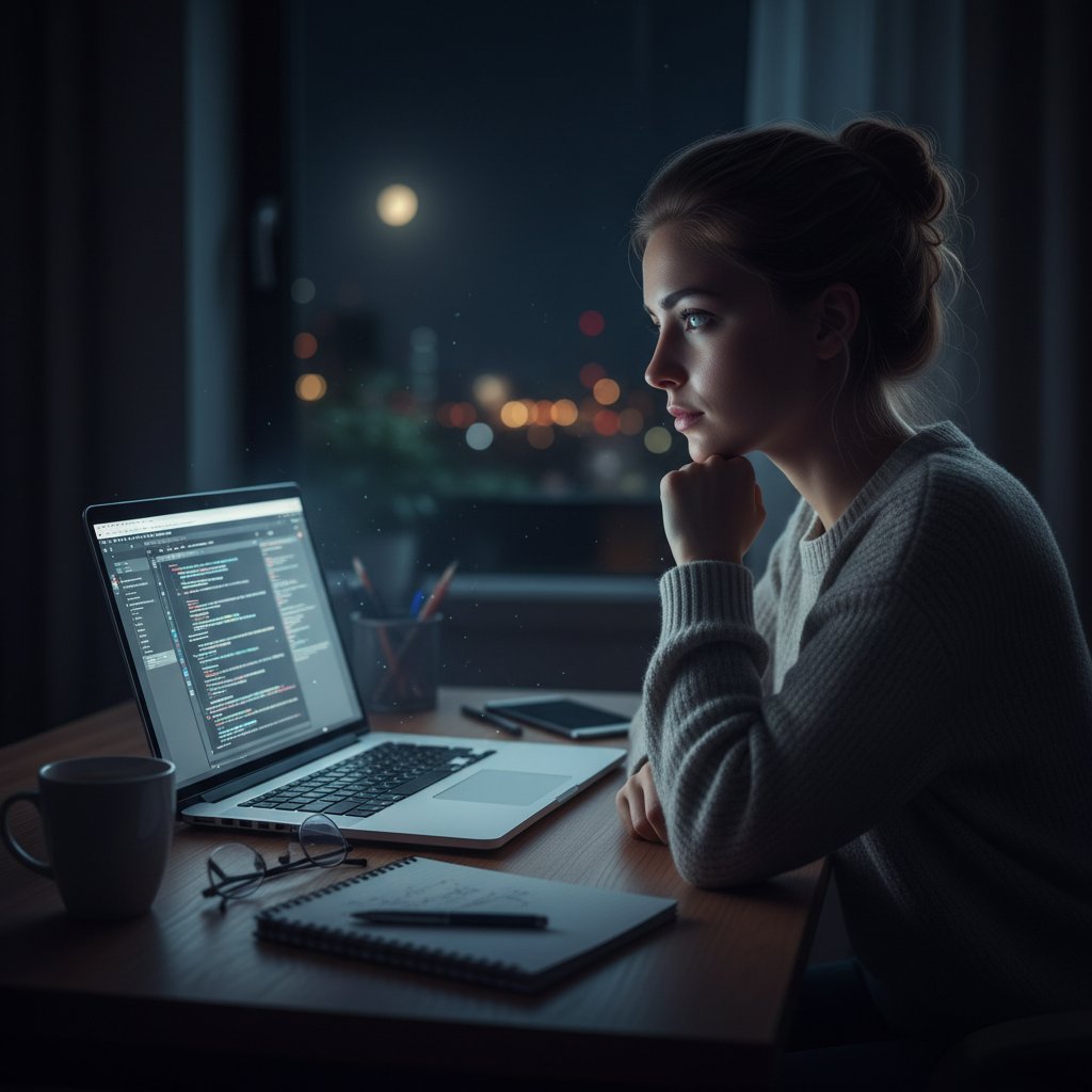 Młoda kobieta rozmawiająca w nocy przy laptopie, światło ekranu rozświetla twarz