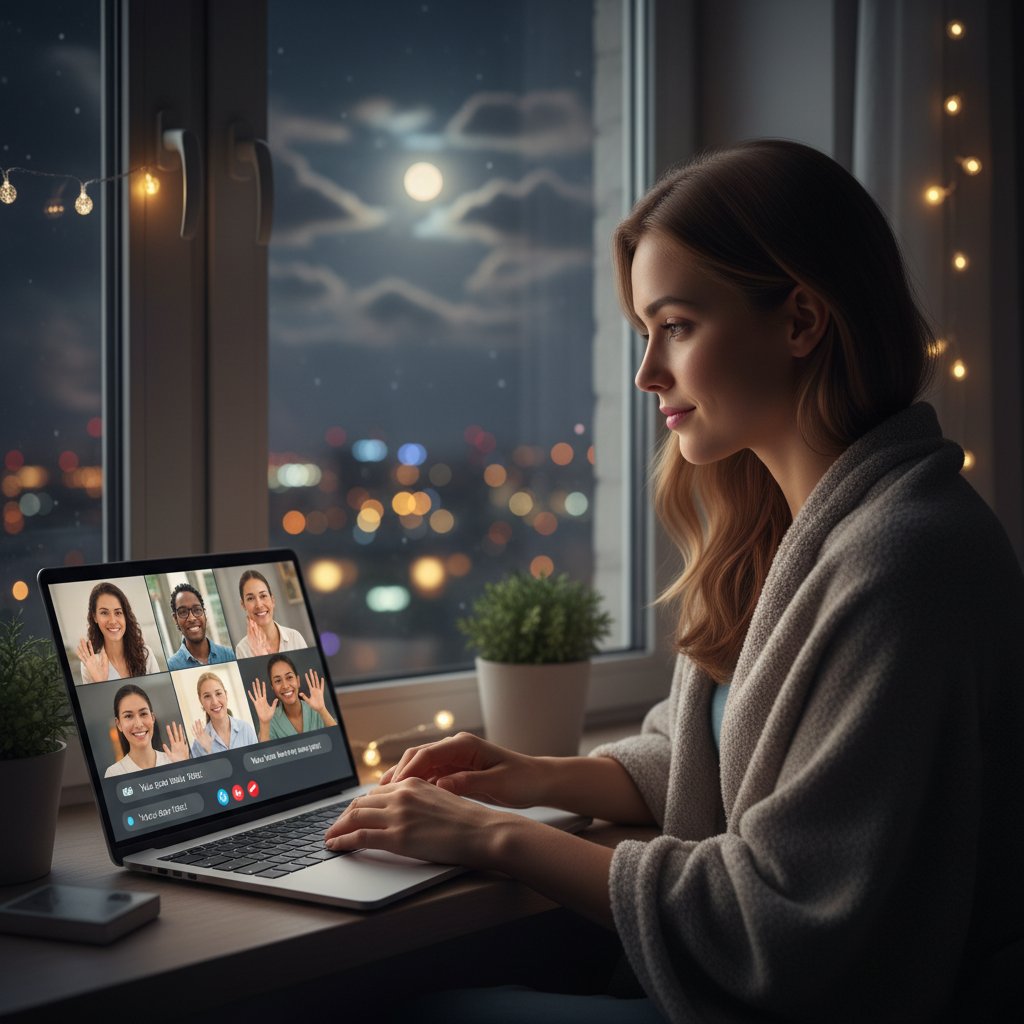 Junge Frau blickt nachts aus dem Fenster, Hoffnung nach emotionaler Unterstützung online