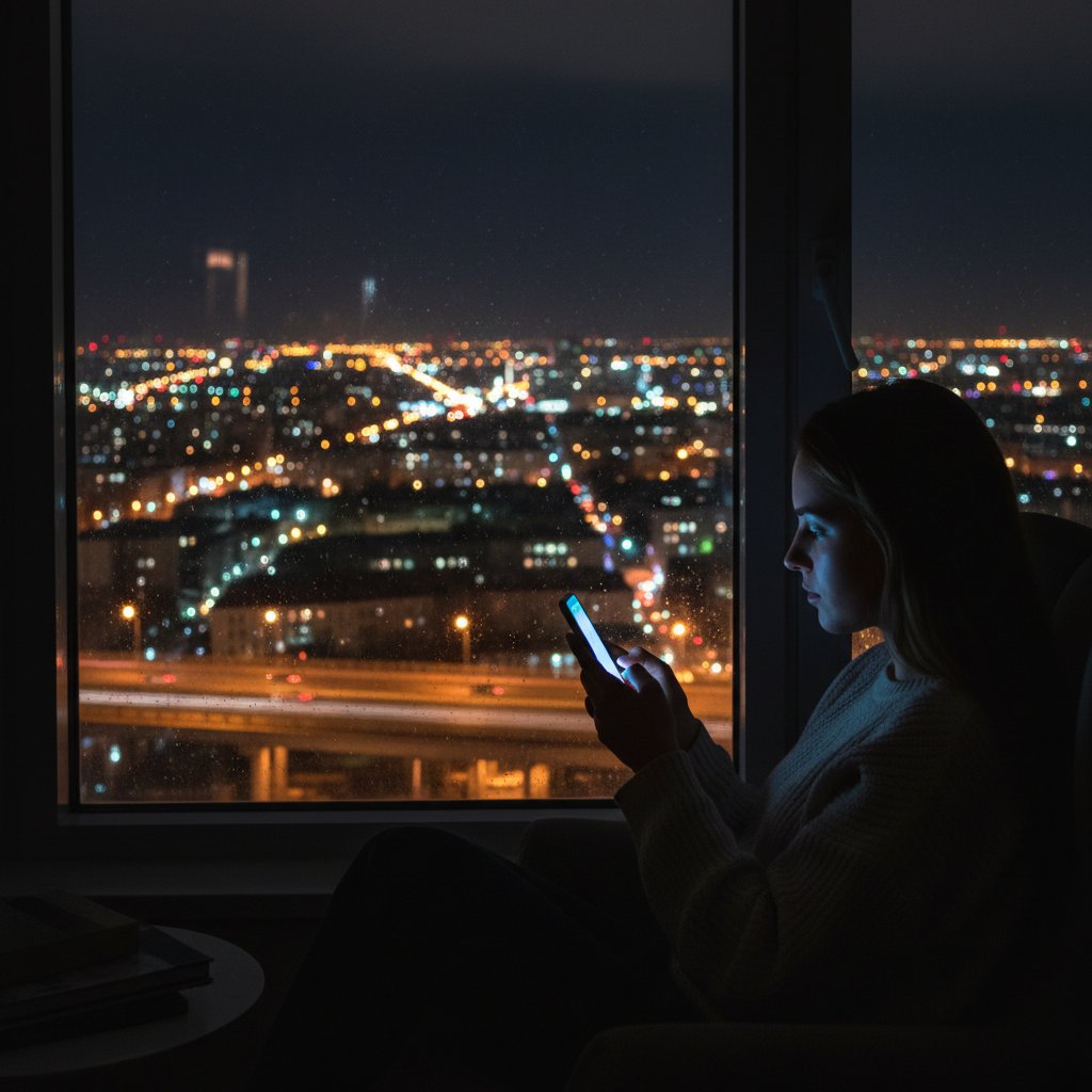 Junge Frau sitzt nachts am Fenster, hält Smartphone mit Chat-App, städtische Lichter draußen – Symbol für digitale Einsamkeit