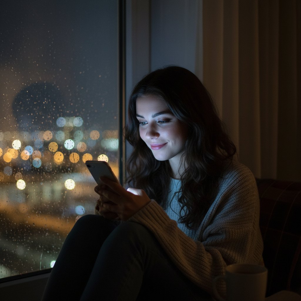 Młoda kobieta czatuje online w zaciemnionym pokoju, ekran smartfona oświetla jej twarz