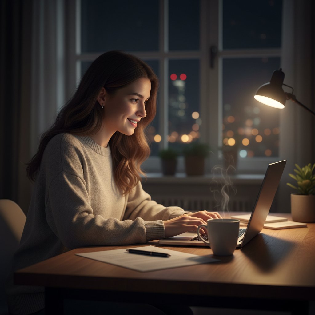 Młoda kobieta siedzi przy biurku w nocy, ekran laptopa z czatem, kubek kawy, atmosfera skupienia