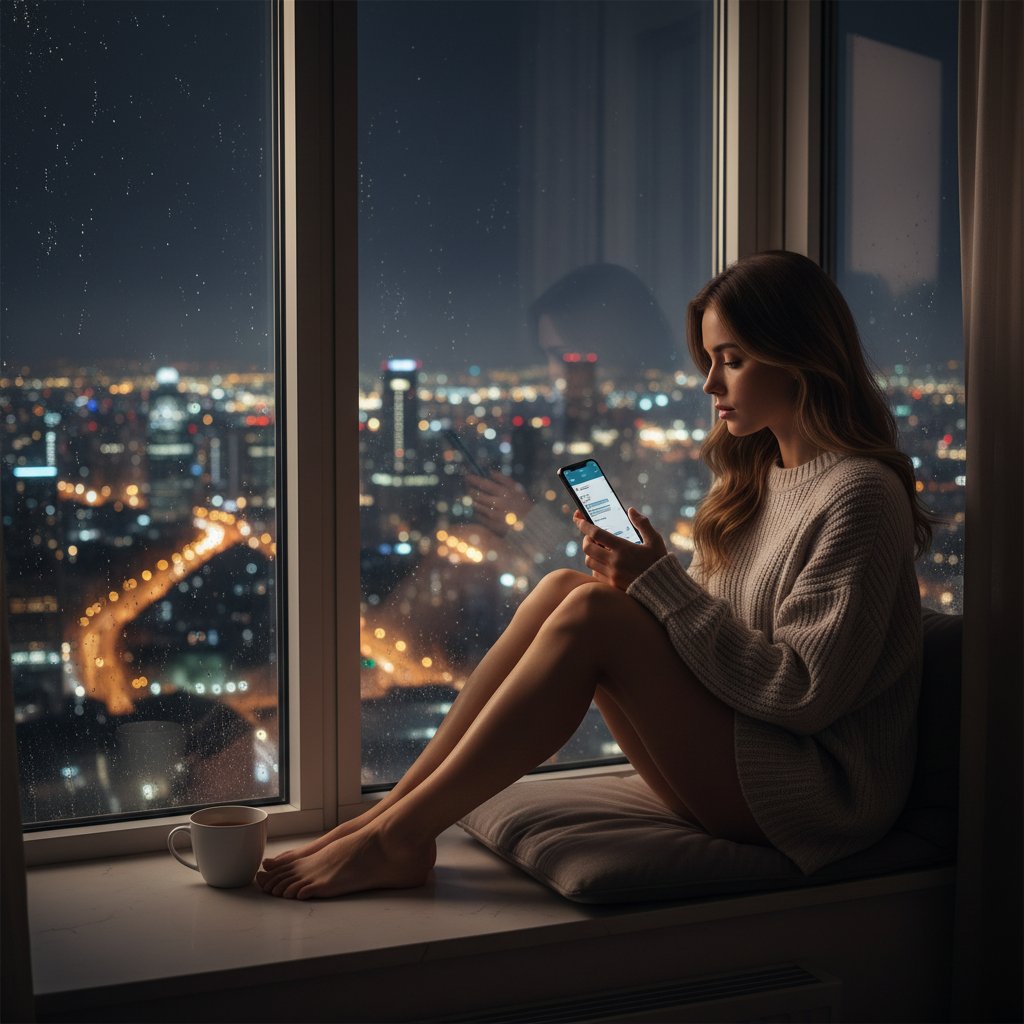 Młoda kobieta siedzi wieczorem przy oknie, rozmawiając przez telefon, w tle światła miasta