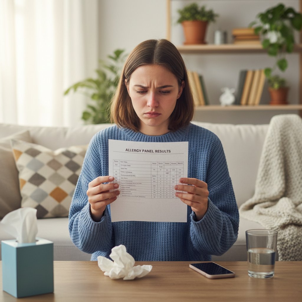Młoda kobieta z zatkanym nosem czyta wyniki testów alergicznych w domowym wnętrzu, światło dzienne, realistyczna scena