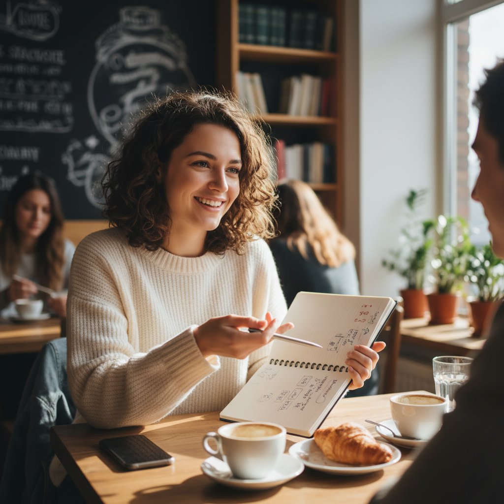 Młoda kobieta z zeszytem pełnym notatek, uśmiechnięta, siedzi w kawiarni i rozmawia po angielsku