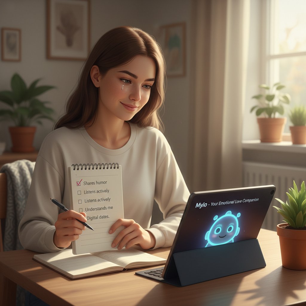 Junge Frau mit Notizbuch, macht Checkliste für Online Liebesbegleitung emotional realistisch