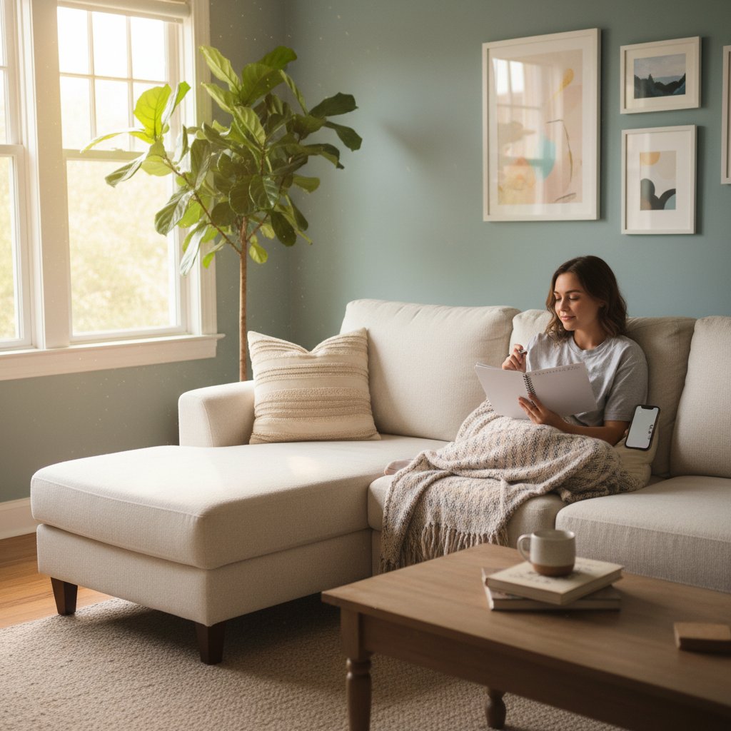 Młoda kobieta z notatnikiem i telefonem siedząca na sofie, w tle rośliny domowe i spokojna atmosfera