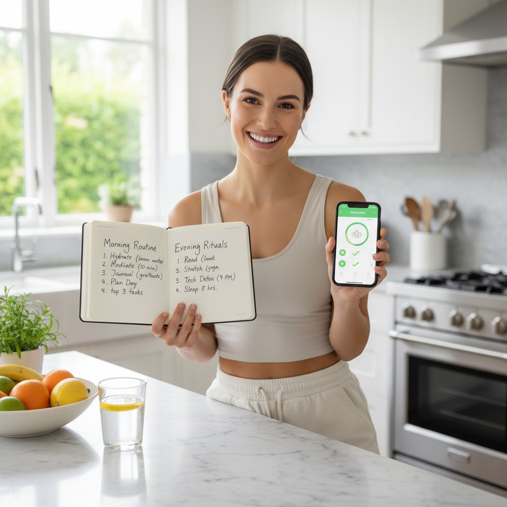 Młoda kobieta z notesem i telefonem w kuchni – zmiana nawyków zaczyna się od drobnych kroków