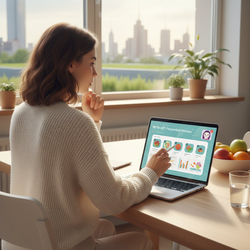 Zdjęcie młodej kobiety podczas konsultacji dietetycznej, otwarty laptop z aplikacją AI w tle