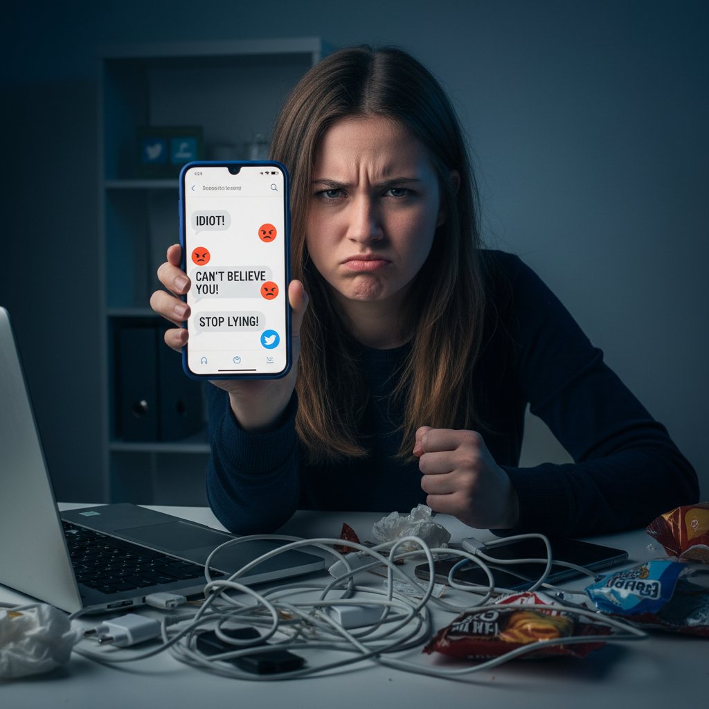 Młoda kobieta zakrywa twarz, czując się urażona podczas nieprzyjemnej rozmowy online