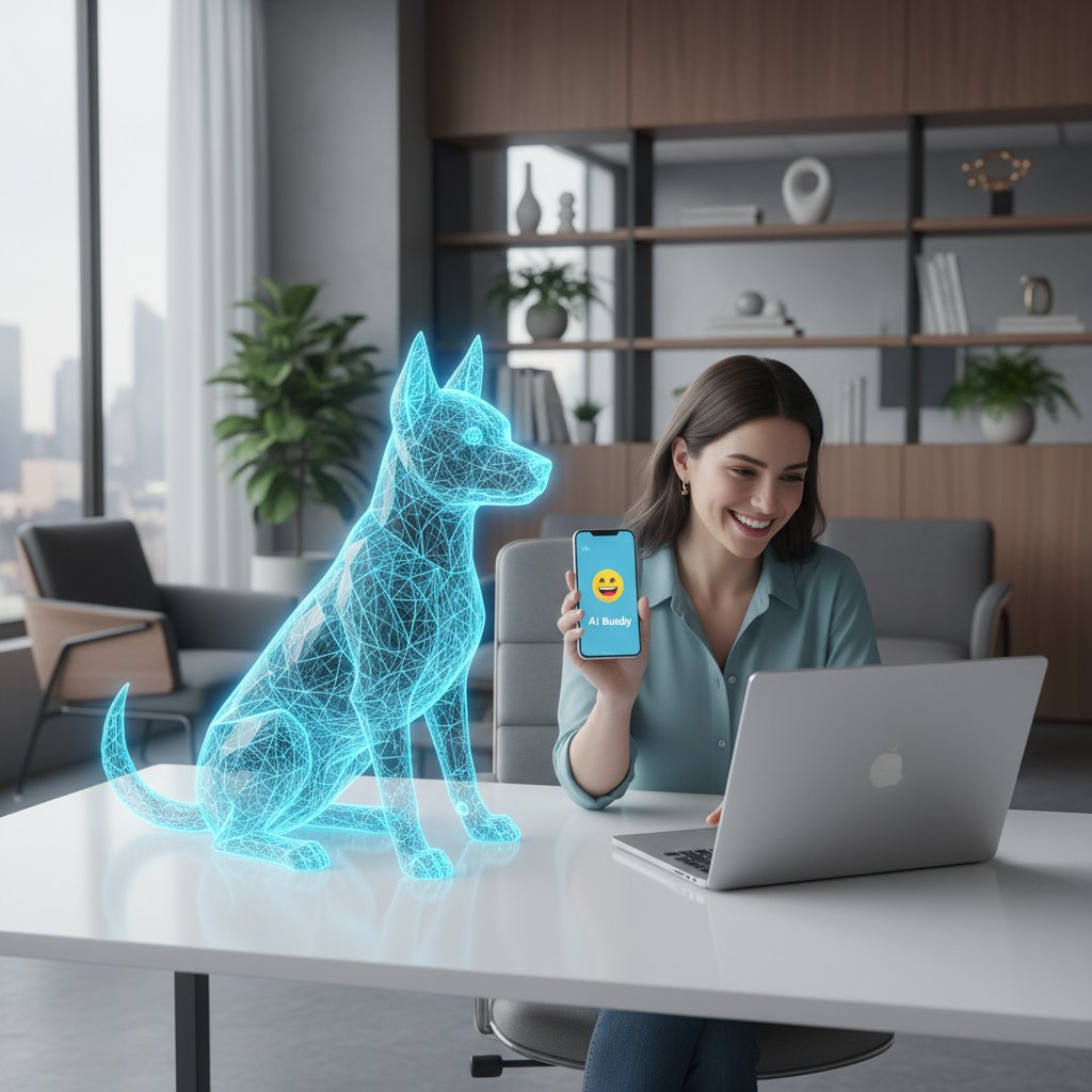 Młoda kobieta przy biurku z laptopem, spogląda na smartfon z aplikacją pies AI, na twarzy uśmiech, nowoczesne wnętrze