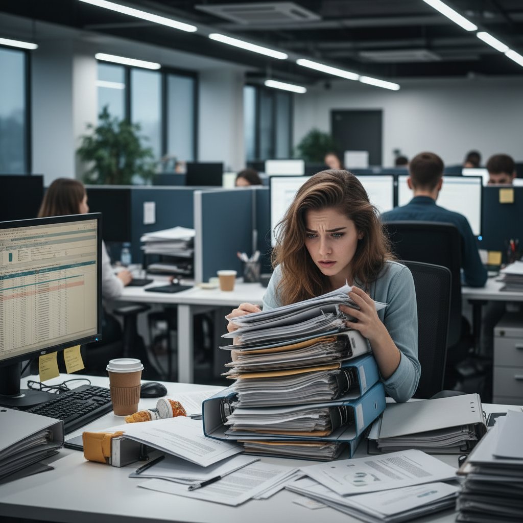 Młoda osoba w biurze z zamyśloną miną, przeglądająca dokumenty, symbolizująca presję pracy w Polsce
