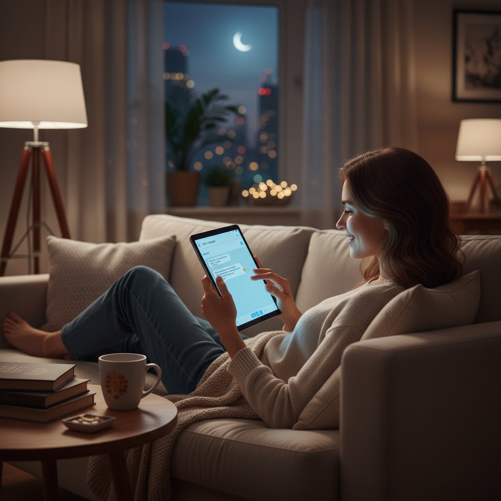 Młoda kobieta rozmawiająca online z nieznajomym, spokojna atmosfera, wieczór