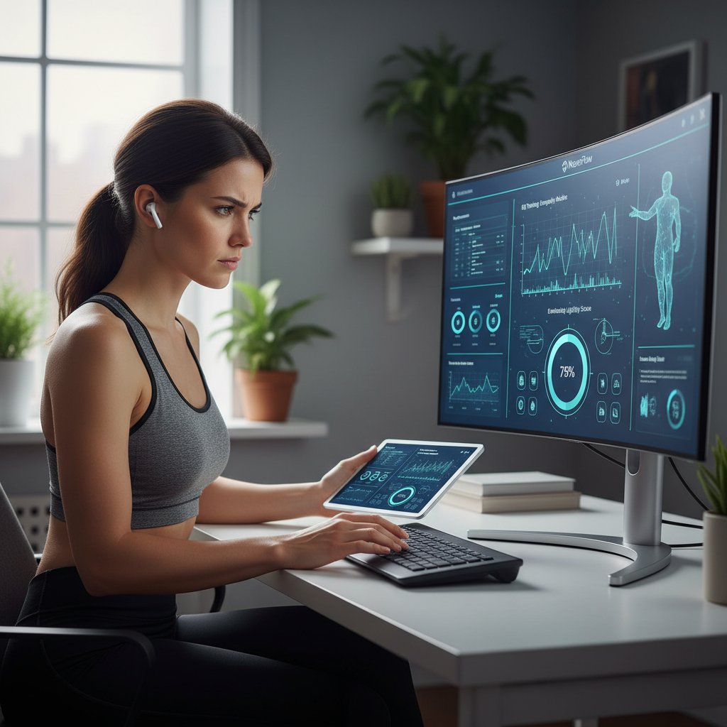 Kobieta korzystająca z aplikacji do nauki EQ online, skupiona i zaangażowana. Słowa kluczowe: kurs EQ online, inteligencja emocjonalna