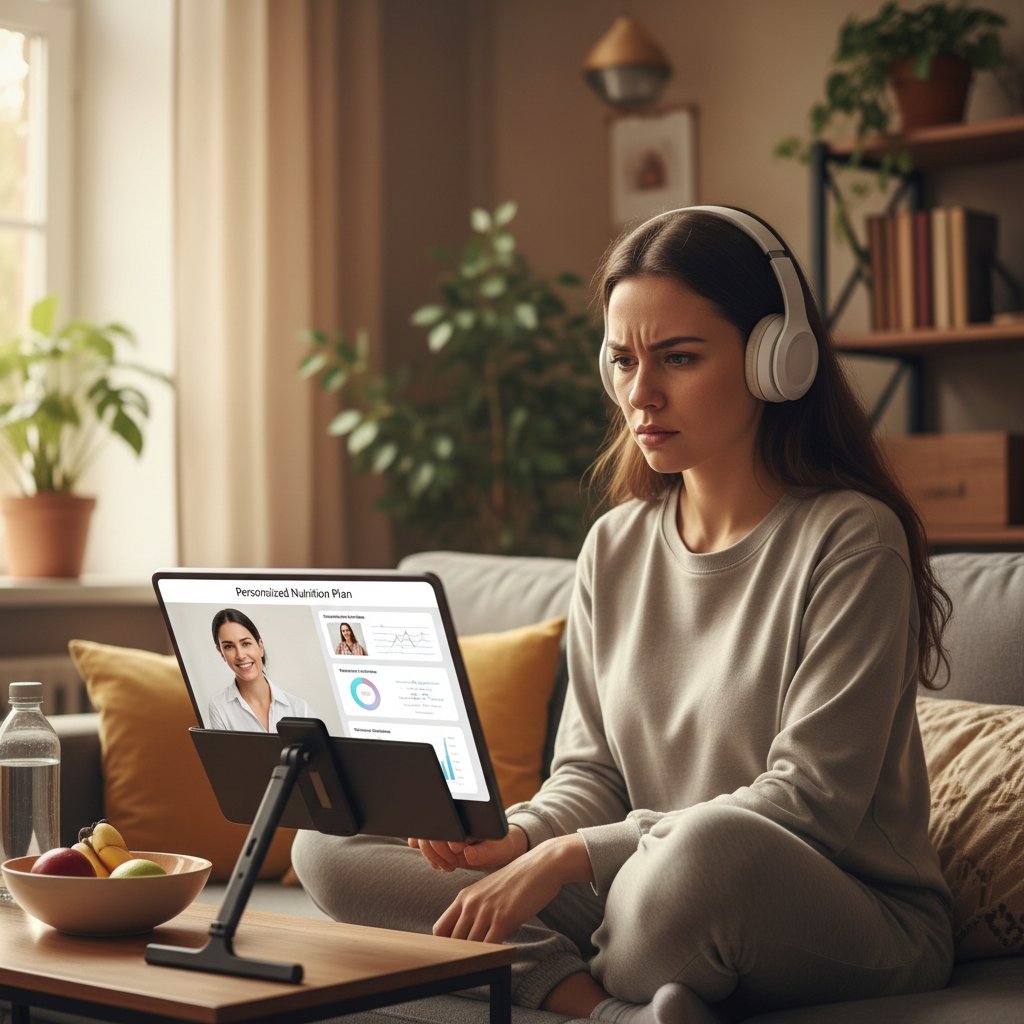 Zdjęcie przedstawiające młodą kobietę korzystającą z poradnictwa online w domowym zaciszu, z wyraźną atmosferą skupienia