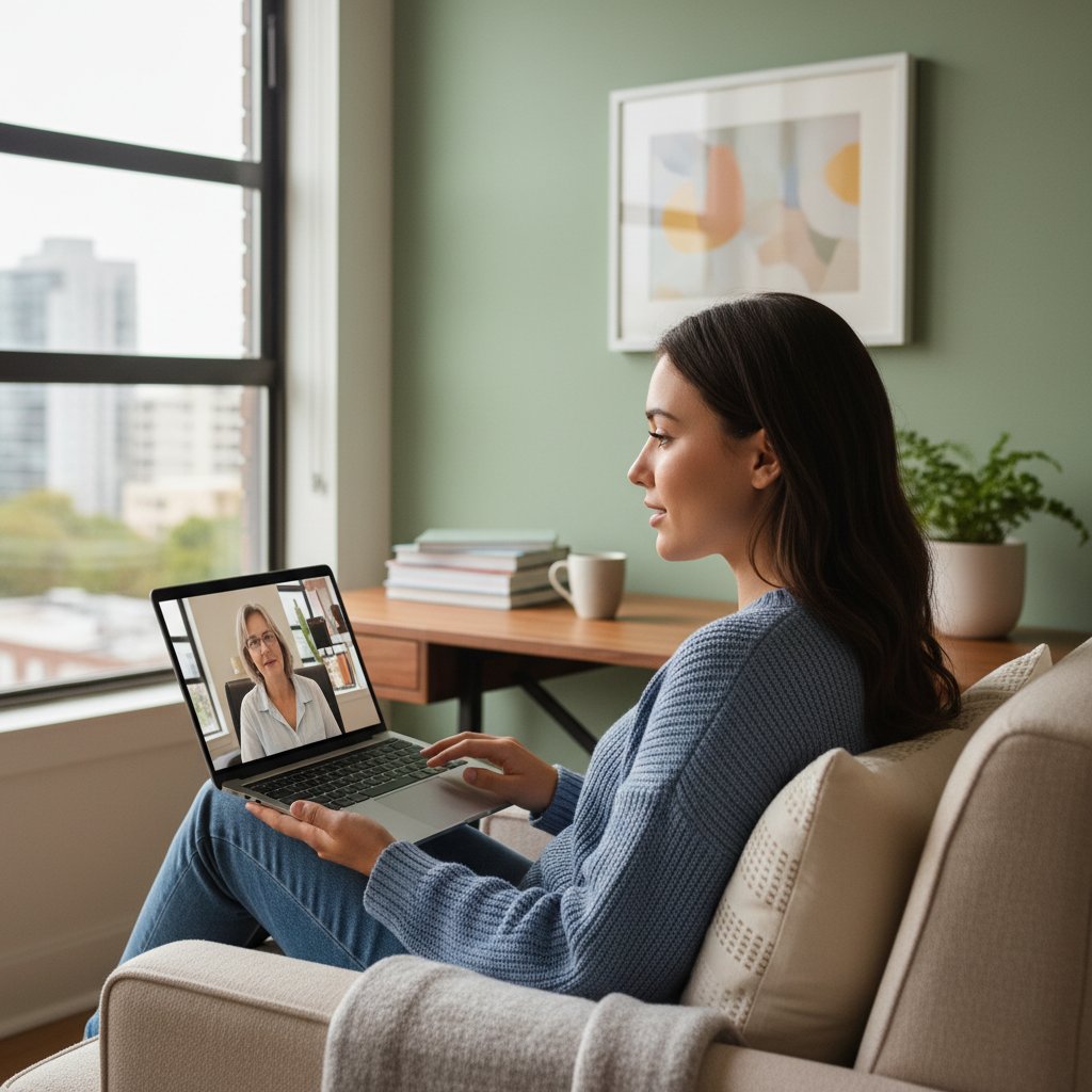 Młoda kobieta rozmawiająca online z terapeutą, laptop, domowe biuro, spokojna atmosfera