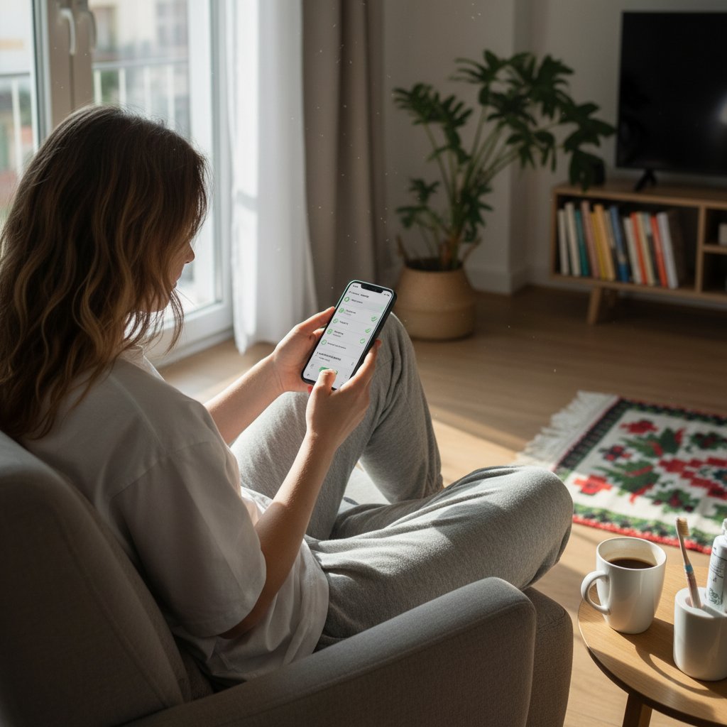 Młoda kobieta sprawdzająca checklistę higieny jamy ustnej na telefonie, poranne światło, klimat domowy
