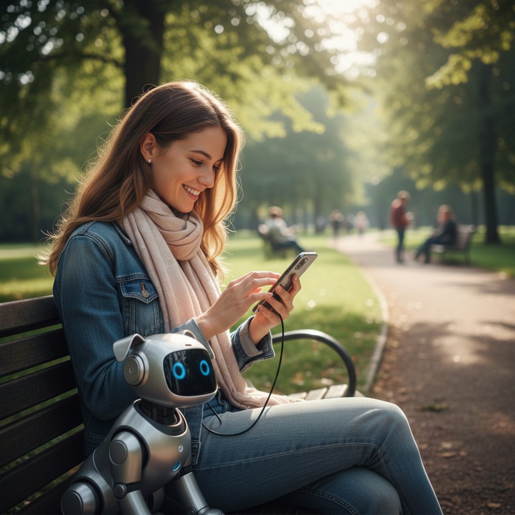 Junge Frau chattet entspannt im Park mit ihrem Smartphone – freundin.ai als diskrete Begleiterin