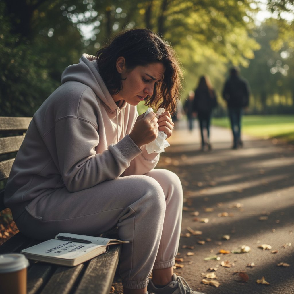 Młoda kobieta siedząca na ławce w miejskim parku, zamyślona – ilustracja oczekiwania i frustracji związanej z psychoterapią NFZ