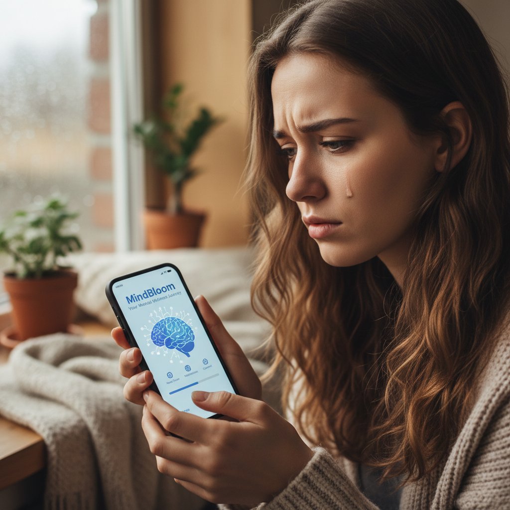 Junge Frau blickt nachdenklich auf ihr Handy, gemischte Emotionen zu digitaler Krisenhilfe
