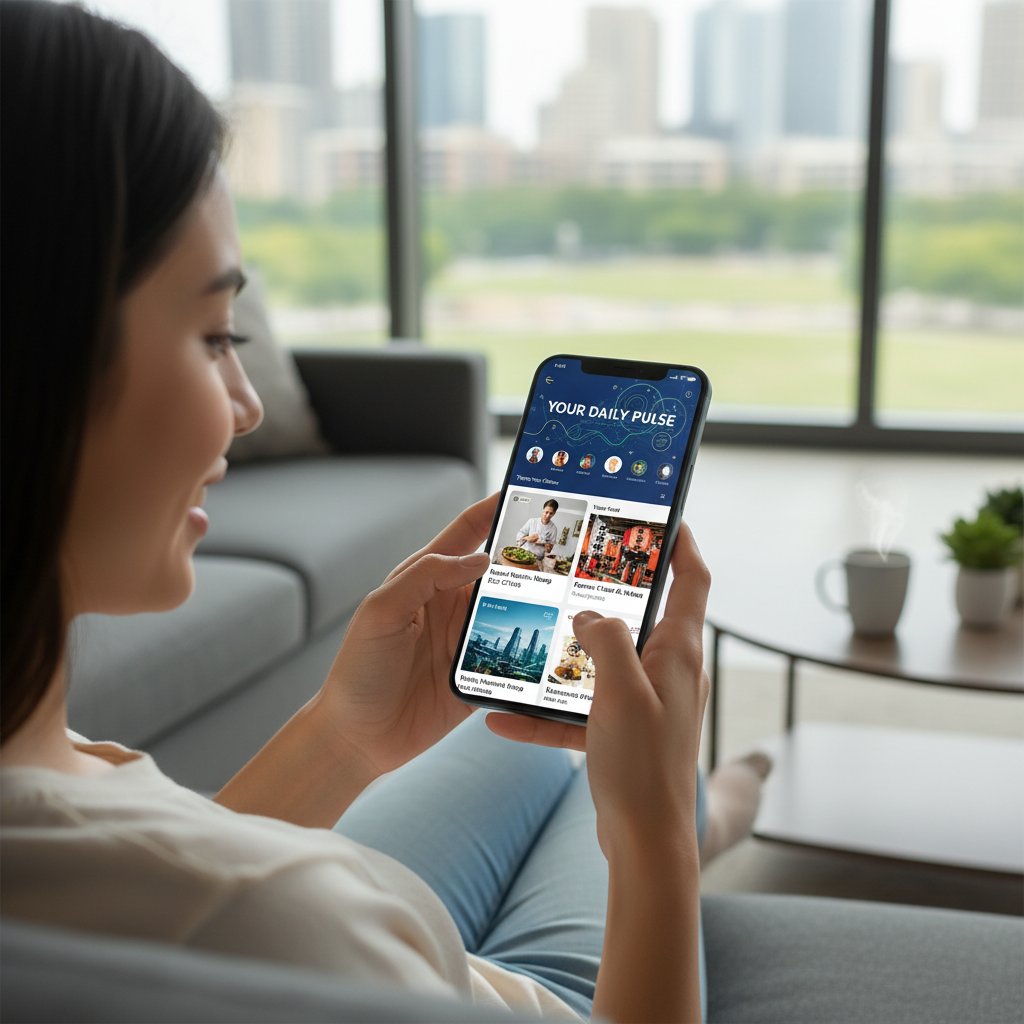 Młoda kobieta korzysta z aplikacji mobilnej dziennik.ai z wyświetlonymi spersonalizowanymi newsami