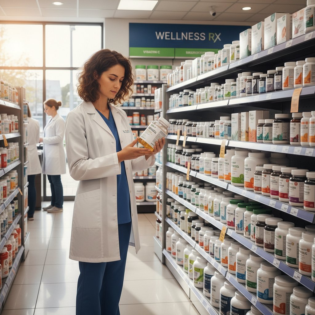 Zdjęcie młodej kobiety przeglądającej etykiety suplementów w aptece