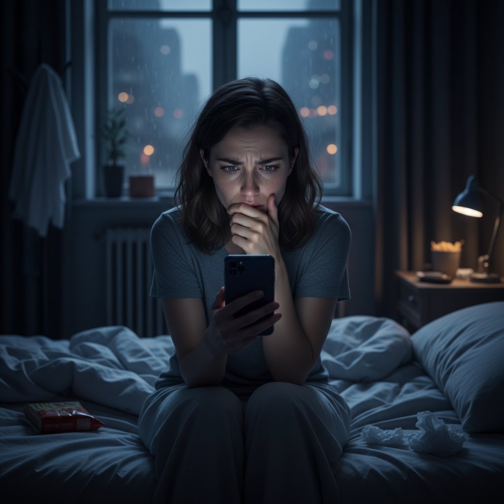 Młoda kobieta z telefonem, siedząca w ciemnym pokoju, szukająca wsparcia psychologicznego online