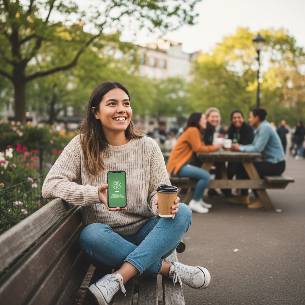 Młoda kobieta z telefonem na ławce, świadome użycie technologii w relacjach społecznych