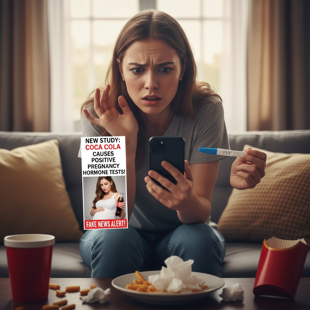 Młoda kobieta przeglądająca fałszywe porady o beta-HCG na smartfonie