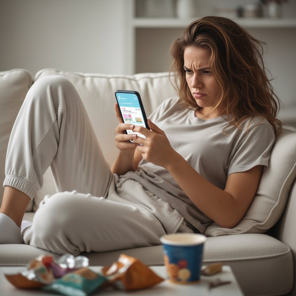 Młoda kobieta z telefonem, przewijająca feed social media z poradami relaksacyjnymi – wymieszanie rozbawienia i frustracji.