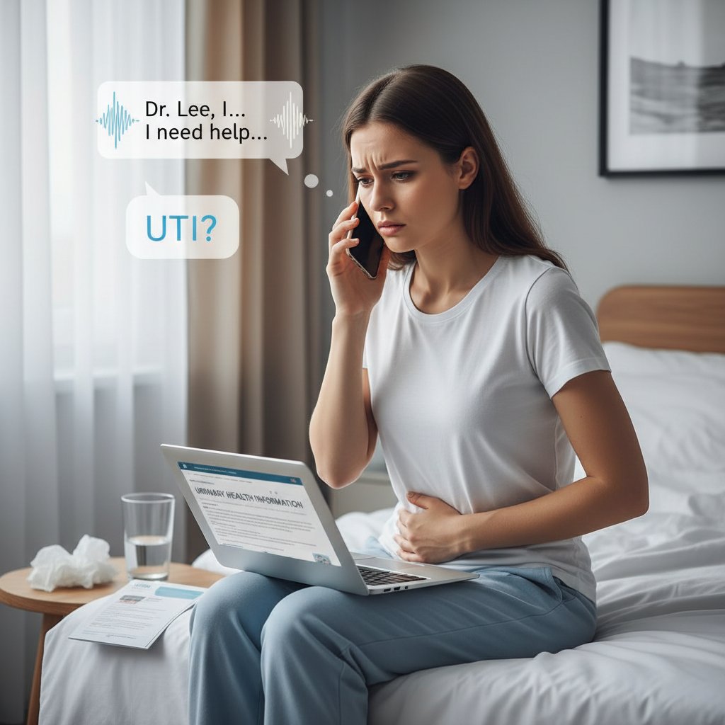 Zdjęcie młodej kobiety rozmawiającej przez telefon z lekarzem – symbol pierwszego kontaktu z ochroną zdrowia