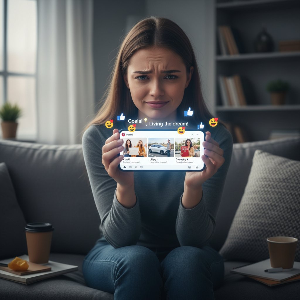 Młoda kobieta patrzy na ekran telefonu z mieszanymi emocjami, social media w tle, presja sukcesu