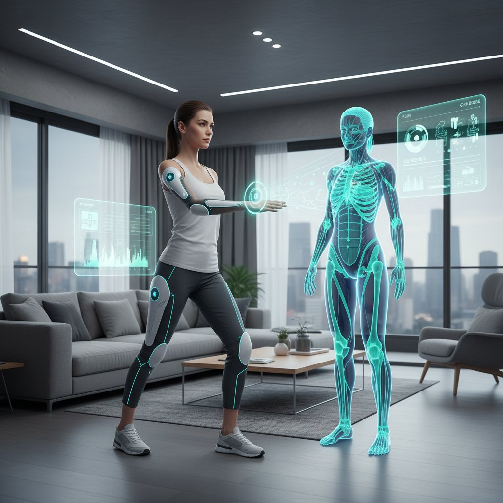 Młoda kobieta ćwiczy z holograficznym awatarem, domowa wirtualna rehabilitacja