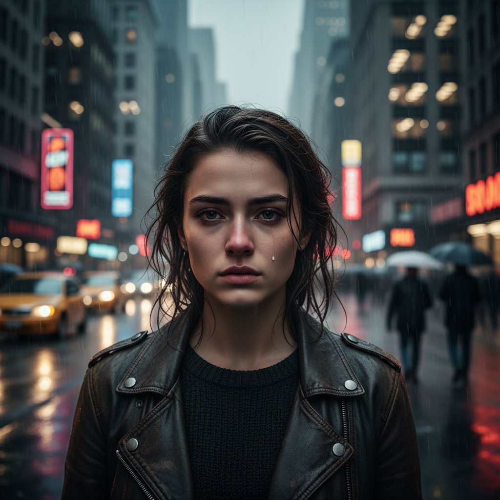 Portret młodej kobiety na tle miasta, w oczach wyraźny smutek i determinacja – codzienne życie z drgawkami psychogennymi