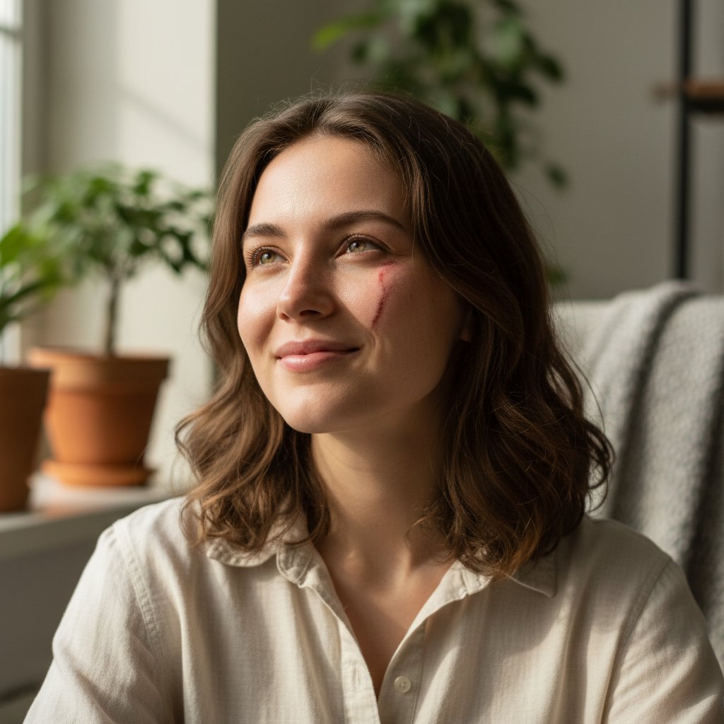 Portret młodej kobiety po leczeniu czerniaka, z blizną na ramieniu, optymistyczny wyraz twarzy, naturalne światło