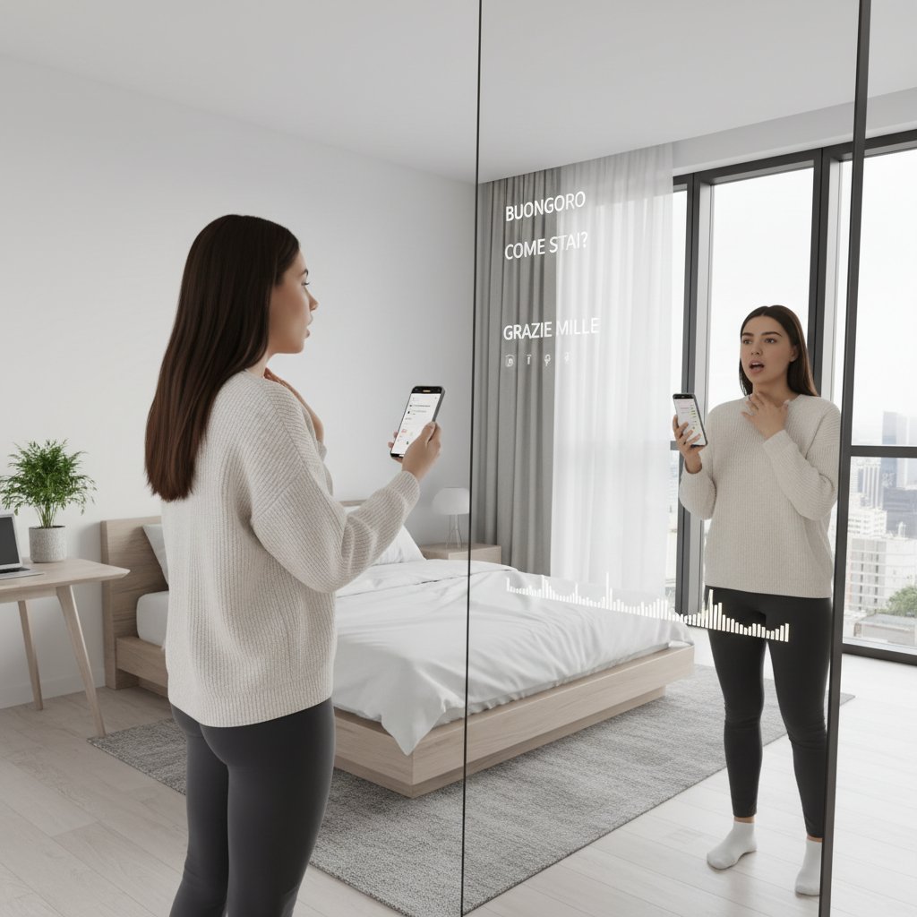 Młoda kobieta powtarzająca włoskie zdania przed lustrem, skupiona na wymowie, nowoczesna sypialnia