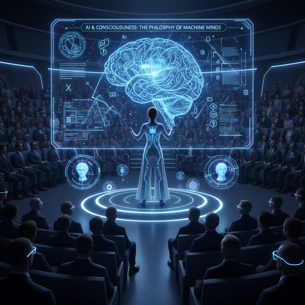 Młoda kobieta prowadzi prezentację o AI na tle futurystycznych grafik