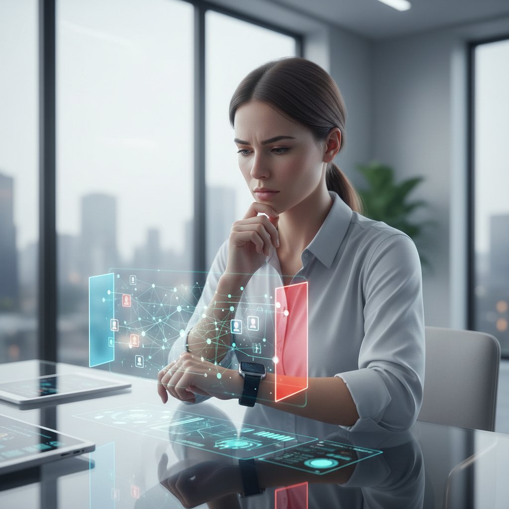 Młoda kobieta rozważająca granice prywatności przy smartwatchu