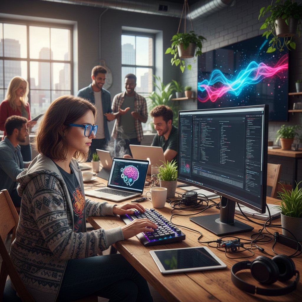 Młoda kobieta programistka pracująca przy laptopie w coworkingu, inspirująca kreatywność technologii