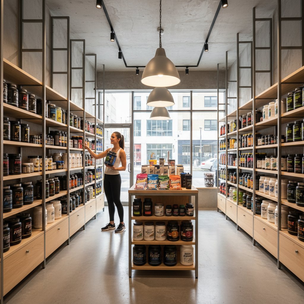 Młoda kobieta przegląda półki z odżywkami białkowymi w polskim sklepie sportowym, nowoczesne wnętrze, dużo opakowań