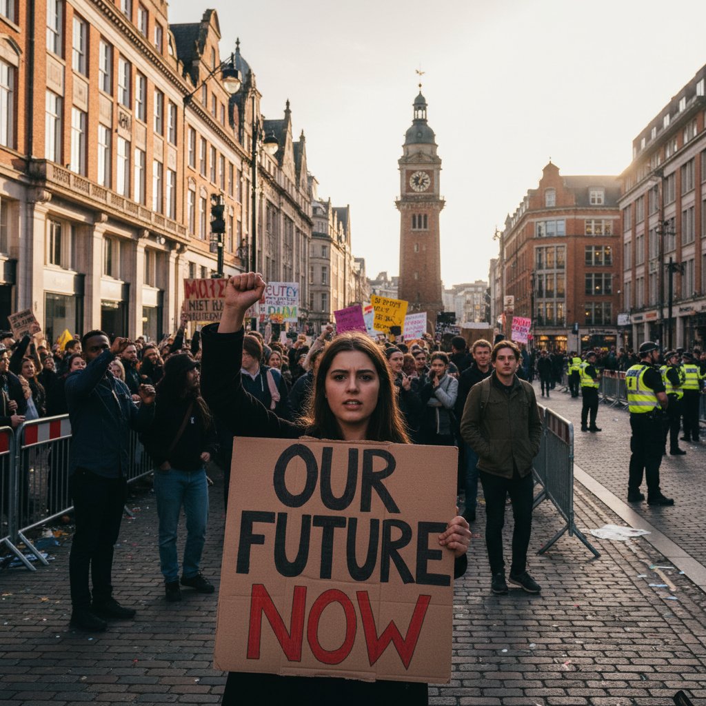 Młoda kobieta z transparentem podczas protestu społecznego w centrum miasta – symbol zaangażowania społecznego