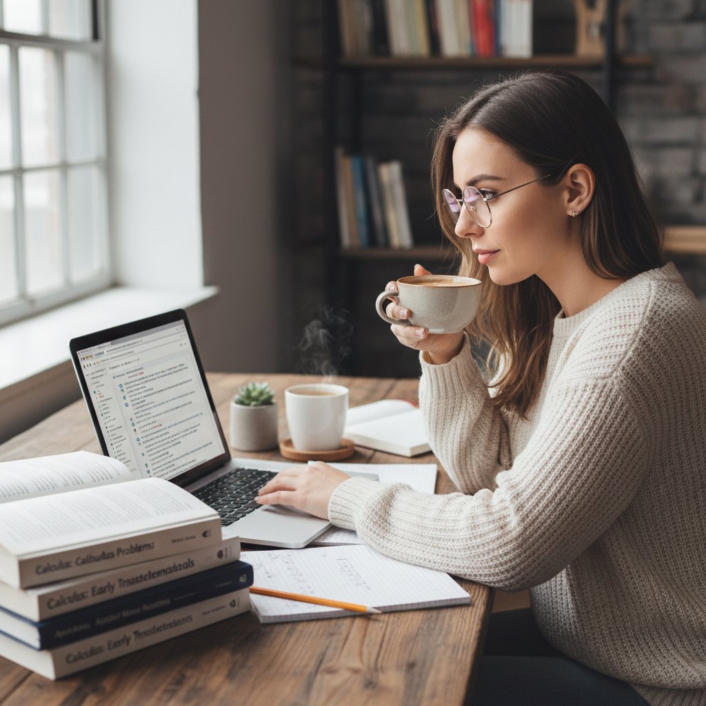 Młoda kobieta czyta opinie na forum edukacyjnym na laptopie, obok kubek z kawą i stos książek matematycznych