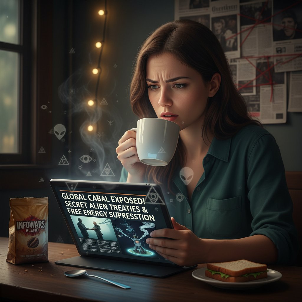 Młoda kobieta przeglądająca fake newsy na smartfonie, w tle zamazane symbole teorii spiskowych